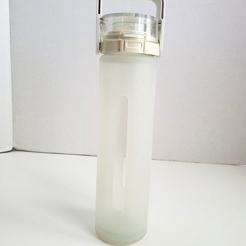 Starbucks Flip Glass Water Bottle White Clear Silicone Rubber Sleeve 16Oz 2010